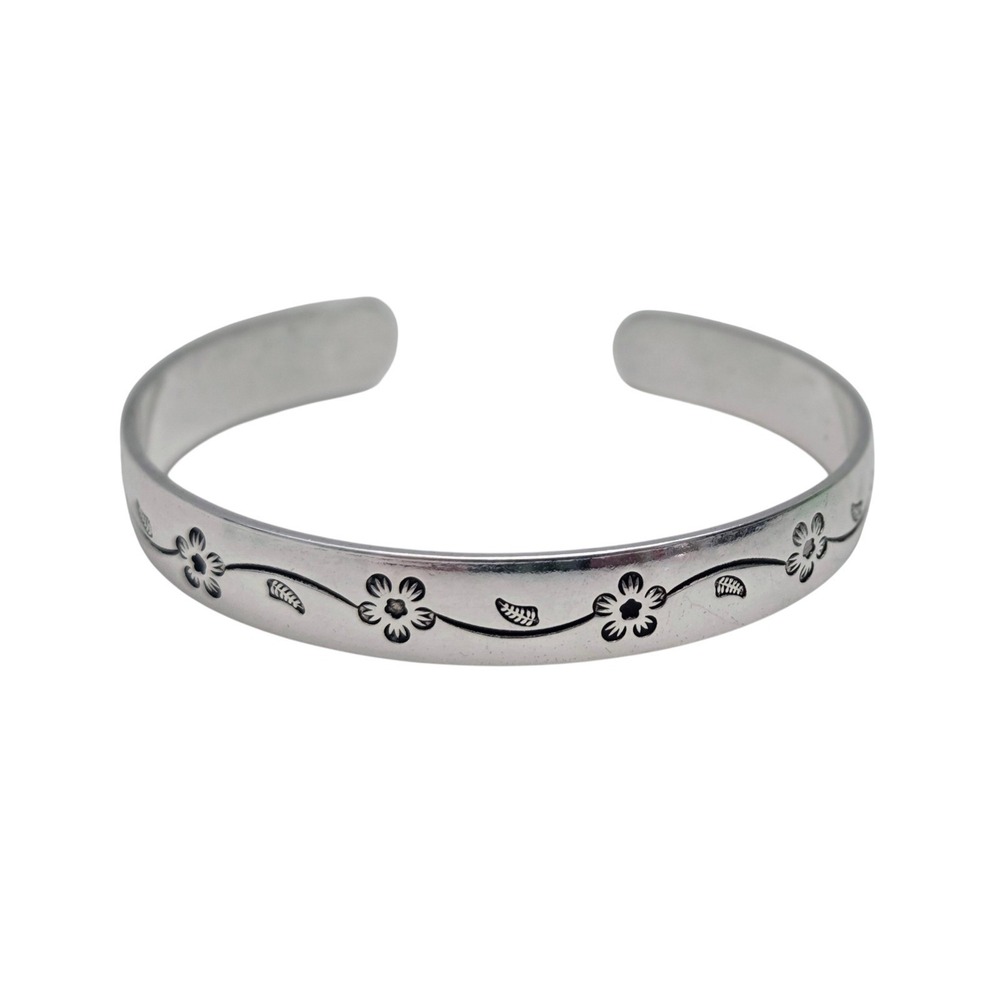 Vintage Chinese Pure Silver‎ Bangle Cuff Bracelet Etched Blossoms 24.44 g Signed
